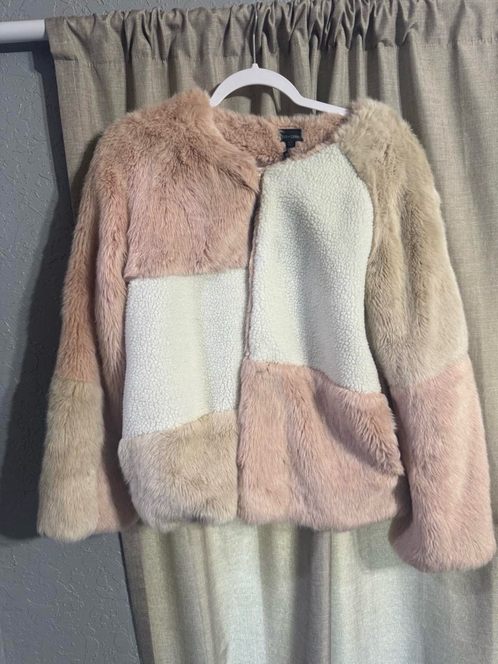 Coco + Carmen Pink and Cream Patchwork Teddy Jacket